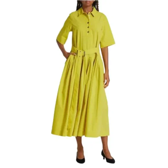 CO Half Placket Belted Shirt Dress Womens Medium Citron Yellow Short Sleeve Midi